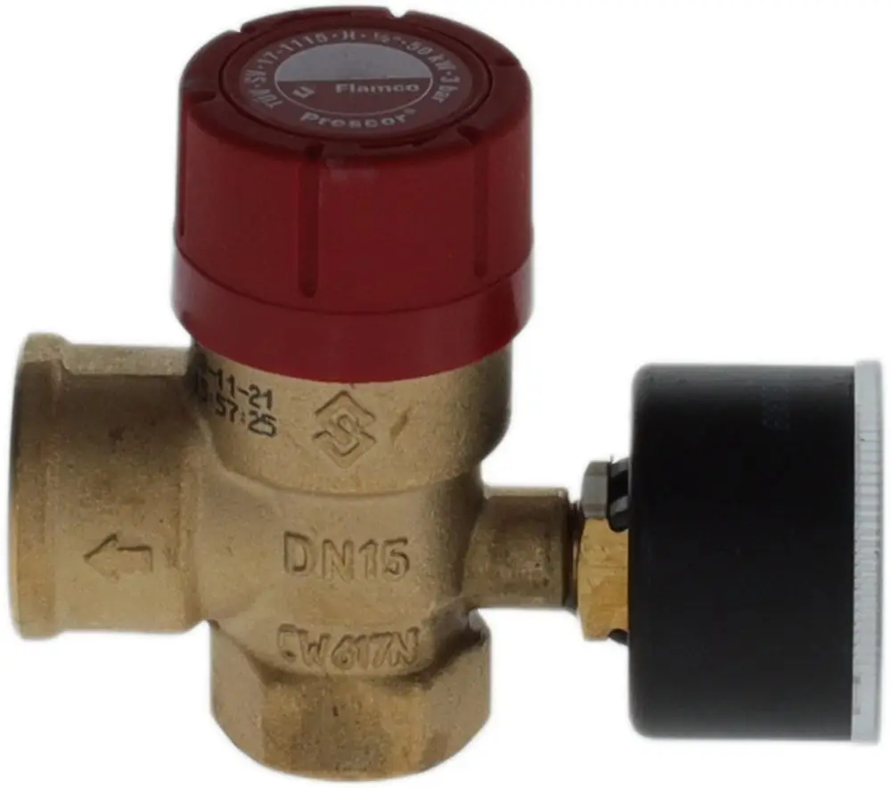Sicherheitsventil aus Messing mit rotem Deckel und Anschlüssen. An dem Ventil befindet sich ein schwarzes Manometer zur Druckanzeige. Marke: Bosch.